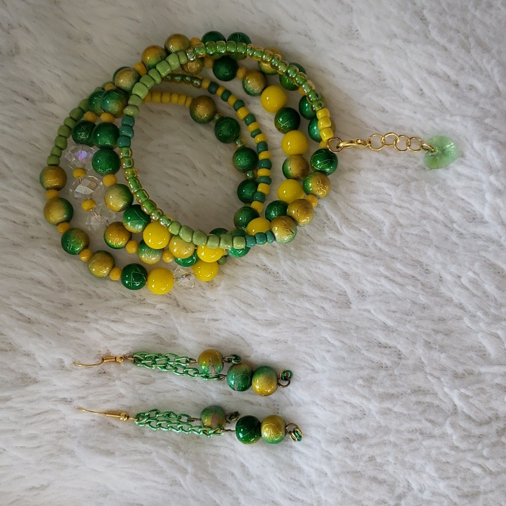 Handmade green/yellow wire wrap bracelet and earrings set